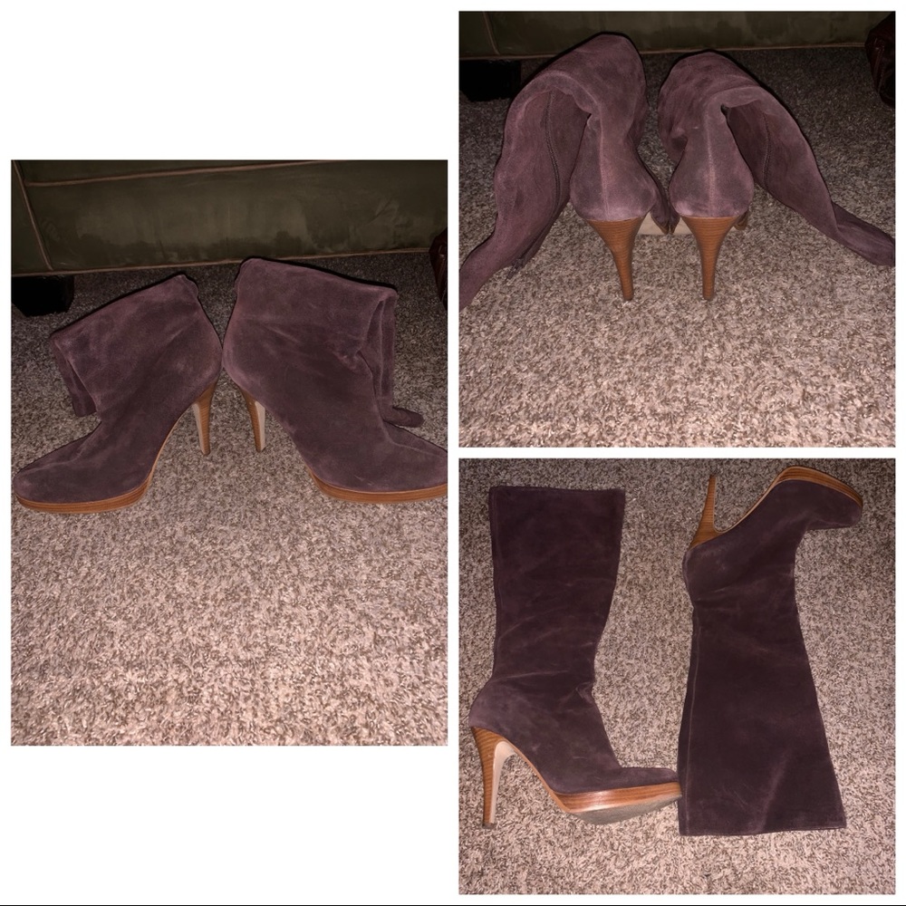 Wooden heeled brown suede knee high boots